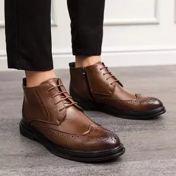 2025 men s new trend business high-top leather shoes short boots formal men s shoes Brock retro trendy shoes large size men 38 чёрный