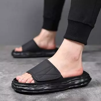 2025 men s one-word sandals wear high-end beach shoes trendy brand Internet celebrity platform Velcro 4887-W 38 чёрный