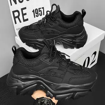 2025 Men s Shoes Spring Mesh Breathable Trendy Brand Versatile Athleisure Shoes Men s Thick Sole Inner Heightened Black Daddy Trendy Shoes 39