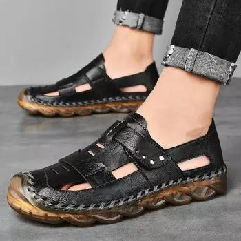 2025 Men s Shoes Spring Sandals Men s Breathable Slippers Men s Sneakers Beach Shoes Men s Large Size Carved Shoes 38 чёрный