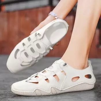 2025 men s shoes summer fashion microfiber leather hollow casual sandals bag head outer hole shoes XG007Shoes 39 бежевый