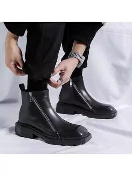 2025 Men s Square Head High-top Leather Shoes British Style Black Medium Top Short Bilateral Zipper Chelsea Boots 39