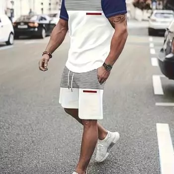 2025 Мужской модный повседневный комплект с 3D-принтом - удобный комплект из полиэстеровой смеси с короткими рукавами и шорт, подходит для лета S