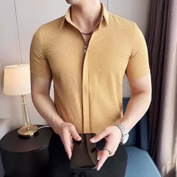 2025 Mens Light Business Office Shirts Men Casual Zipper Short Sleeve Shirt Male Slim Fit Solid Color Lapel Cardigan Fashion Top 3XL чёрный