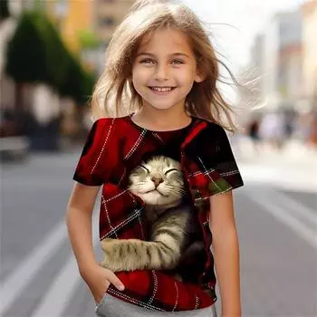 2025 Милая футболка для девочки с котом, летняя повседневная футболка с коротким рукавом для девочек, крутая детская одежда с 3D-принтом 110