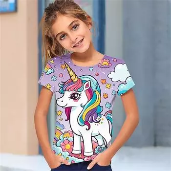 2025 Милая футболка с 3D-принтом для девочек с изображением животных, милые футболки для девочек, детская подарочная футболка с коротким рукавом, повседневный топ, детская одежда 110