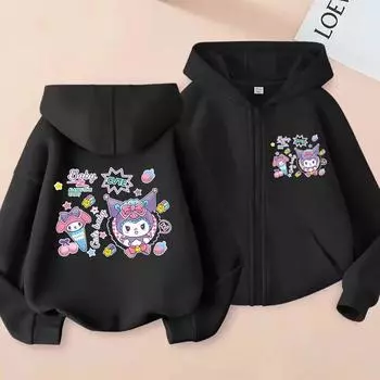 2025 MINISO Zip Up Hoodie Kawaii Kids Streetwear Kuromi Детская толстовка с капюшоном на молнии Детская толстовка Manga Одежда для детей Девочек и мальчиков Топ с капюшоном 110