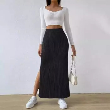 2025 мода весна и лето новая высокая талия разрез сбоку узкая трикотажная юбка женская S чёрный