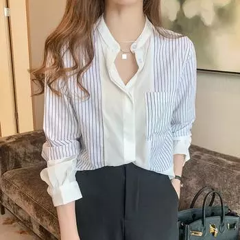 2025 мода весна женские блузки рубашки с длинным рукавом воротник стойка полосатая блузка рубашка женские топы J760 S