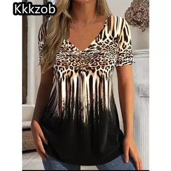 2025 Модная футболка с цветочным принтом, женская, с коротким рукавом, повседневная футболка с V-образным вырезом, летняя женская уличная одежда, свободный женский пуловер S