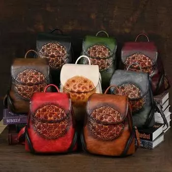 2025 Модная ретро новая кожаная женская сумка этнический персонализированный рюкзак рюкзак ручной работы в китайском стиле для путешествий и отдыха коричневый