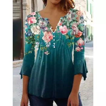 2025 Модная женская блузка с цветочным принтом и V-образным вырезом, короткими рукавами, большого размера, плиссированная, весна-лето, тонкая футболка, свободная, повседневная, нижняя рубашка, одежда 3579 S белый
