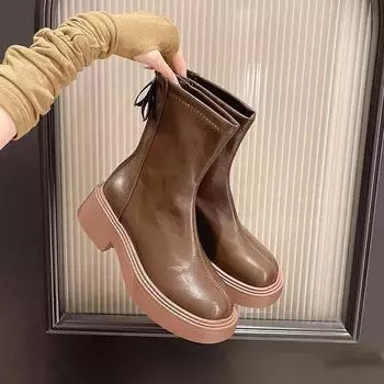 2025 Модная женская обувь, женские сапоги до середины икры, модные современные ботинки с застежкой-молнией сзади, женская горячая распродажа, однотонная обувь с круглым носком для женщин 35 коричневый