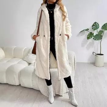 2025 Модное длинное теплое пальто выше колена утолщенное свободное пальто S белый