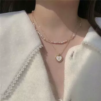 2025 Модное двухслойное жемчужное ожерелье с подвеской для женщин Pearl Love Double Layer Necklace золотой
