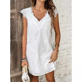 2025 Модное и элегантное платье с V-образным вырезом, кружевом и кружевными вставками, платье большого размера S белый