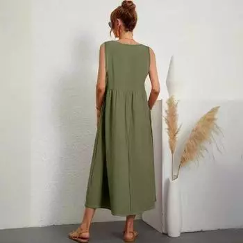 2025 Модное летнее темпераментное женское однотонное платье без рукавов с карманами и V-образным вырезом S оливковое зеленый