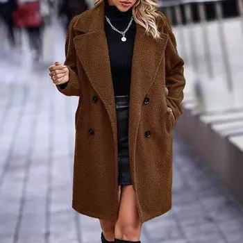 2025 Модное женское пальто с карманами на пуговицах и длинными рукавами из плюша S коричневый