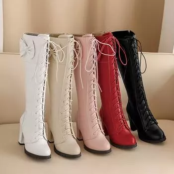 2025 Модные грубые сапоги на высоком каблуке женские сапоги большого размера 40-48 Bow Cross 34 белый