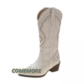 2025 Модные кожаные женские сапоги до середины голени с вышивкой в ковбойском стиле с острым носком, высокие сапоги до колена, женские осенние дизайнерские сапоги 35 бежевый