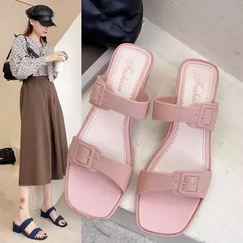 2025 модные новые тапочки женские летние модные тапочки на толстом каблуке корейская версия темпераментные девушки на высоком каблуке крутые тапочки верхняя одежда 36 розовый