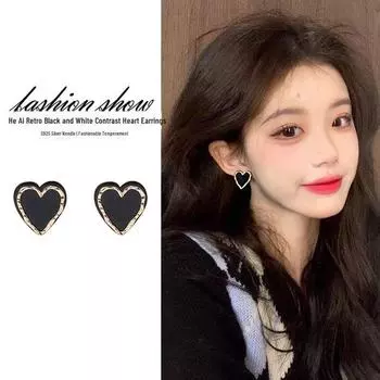 2025 Модные ретро черные серьги из стерлингового серебра с любовью для женщин Heart earrings чёрный