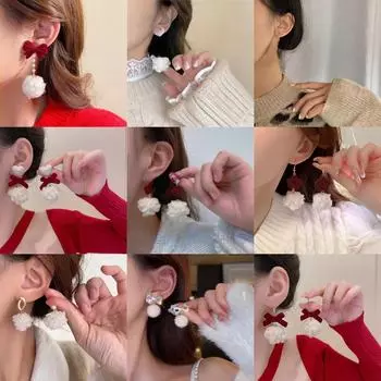 2025 Модные серьги-шарики из плюша: Светский стиль осень/зима для женщин Burgundy heart ear hooks