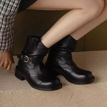 2025 Модные женские ботильоны с круглым носком, высокие кожаные ботинки на толстом каблуке для женщин, теплая обувь на толстой подошве, ботинки на платформе 34 чёрный