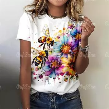 2025 Модные женские футболки, блузки с принтом пчелы, топы для женщин, базовые повседневные женские футболки с принтом, свободная женская одежда XXS