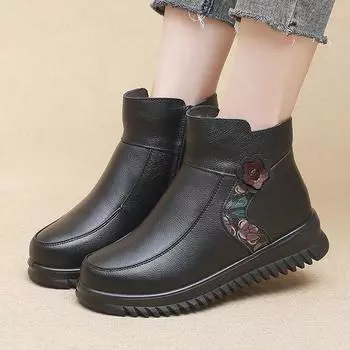 2025 Модные зимние женские ботильоны из натуральной кожи на плоской подошве, женские теплые меховые зимние сапоги на плоской подошве, удобные ботильоны для мам 35 чёрный