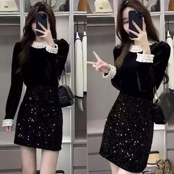 2025 Модный черный топ с длинными рукавами Xiaoxiang и юбка с пайетками на высокой талии Medium
