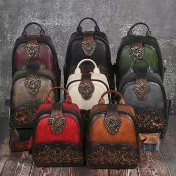 2025 Модный женский рюкзак, универсальный, ретро, этнический, для отдыха, большой емкости, натуральная кожа красный