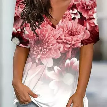 2025 Модный женский топ с V-образным вырезом и принтом, женская футболка большого размера, летняя повседневная дышащая освежающая футболка с короткими рукавами 3XL