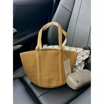 2025 Mori Style Stylish Fashion Minimalist Handbag Easiest for Match Tote Commuter Bag One-Shoulder Bucket Straw Woven Bag Women Brown small size