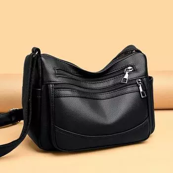 2025 Мягкая многослойная сумка через плечо из искусственной кожи для женщин, стильная сумка через плечо большой вместимости для повседневного использования чёрный