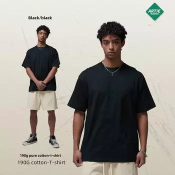 2025 Мужская футболка свободного покроя из хлопка плотностью 190 г: Модный однотонный базовый стиль с короткими рукавами S чёрный