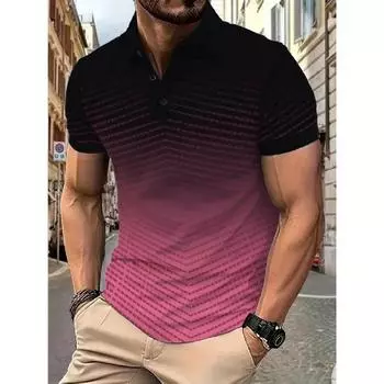 2025 Мужская новая летняя рубашка поло с короткими рукавами, 3D-принтованная полосатая рубашка поло, подходящая по цвету, деловой повседневный топ с лацканами S
