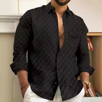 2025 Мужская новая весна и осень Европа и США мужская клетчатая жаккардовая рубашка с нагрудным карманом и лацканами с длинными рукавами S белый