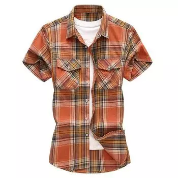 2025 Мужская повседневная рубашка в клетку с коротким рукавом и двойными карманами - Летняя мода, большой размер XL