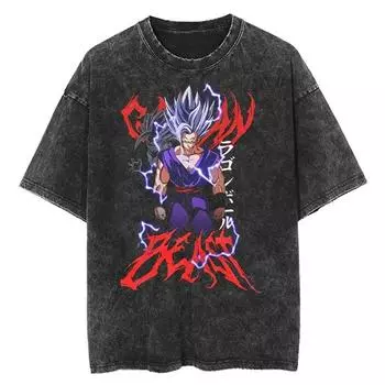 2025 Мужская стираная футболка, модная винтажная японская аниме-футболка с принтом Dragon Ball, футболка большого размера, уличная одежда, хип-хоп, хлопковые футболки Harajuku S