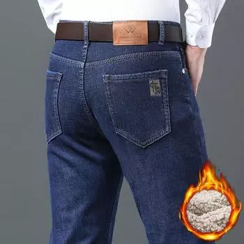 2025 Мужские деловые модные теплые прямые флисовые джинсы классического стиля зимние утолщенные джинсовые брюки повседневные брюки мужские 28 чёрный