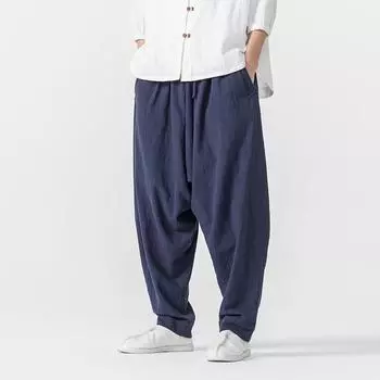 2025 Мужские хлопковые льняные брюки, шаровары, мужские мешковатые повседневные свободные джоггеры, широкие брюки для йоги, брюки с заниженным шаговым швом, хип-хоп M льняной