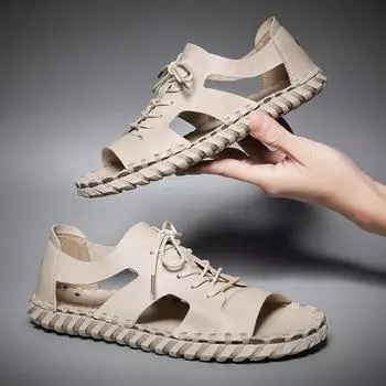 2025 Мужские повседневные пляжные сандалии из микрофибры, мягкая кожа, летняя мужская обувь, корейский выпуск, трендовая сшитая мужская обувь 38 серый