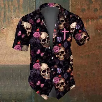 2025 Мужские рубашки с принтом черепа 3D с коротким рукавом, повседневная мужская одежда в стиле ретро, большие рубашки с черепом для мужчин S