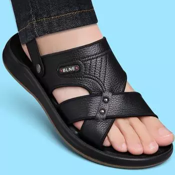 2025 мужские сандалии летние новые повседневные кожаные пляжные туфли мужские тапочки двойного назначения с мягкой подошвой нескользящие мужские 2603 38 чёрный