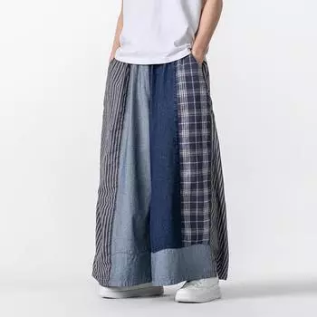 2025 Мужские сетчатые брюки ханьфу, мужские джинсы в стиле пэчворк, мужские уличные джинсы в стиле хип-хоп, мужские джинсы, широкие брюки, мужские свободные брюки в китайском стиле, юбка L синий