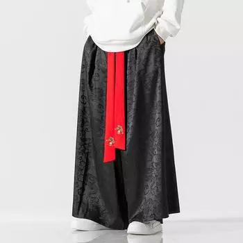 2025 Мужские свободные широкие брюки в китайском стиле, летние повседневные черные брюки-юбки, модные мешковатые расклешенные брюки, мужские брюки с принтом в японском стиле Харадзюку XXXL королевский синий