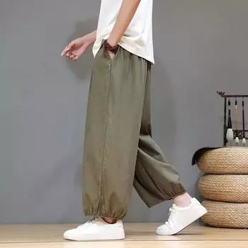 2025 Мужские уличные брюки в китайском стиле, повседневные однотонные длинные брюки, дышащие широкие брюки, шаровары, мужские мешковатые брюки 2XL чёрный