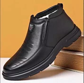 2025 мужские зимние новые бархатные теплые хлопковые кожаные ботинки с мягкой подошвой и нескользящей подошвой для пап среднего и пожилого возраста 38 чёрный