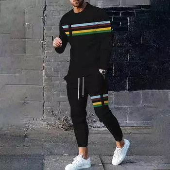 2025 мужской мягкий удобный легкий костюм модный уличный тренд из двух частей с принтом длинный рукав толстовка брюки спортивная одежда S